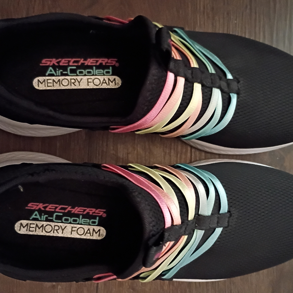 Skechers Women’s Black Slip-On Athletic Sneakers with Pastel Rainbow Straps